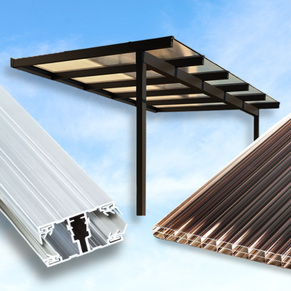 Dachhaut Alu/Alu mit Polycarbonat Stegplatten 16mm 3-fach Struktur braun/bronze