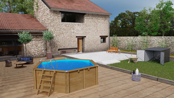 GRE Pool Komplettset aus Echtholz Vasto Ø 428 x 136 cm