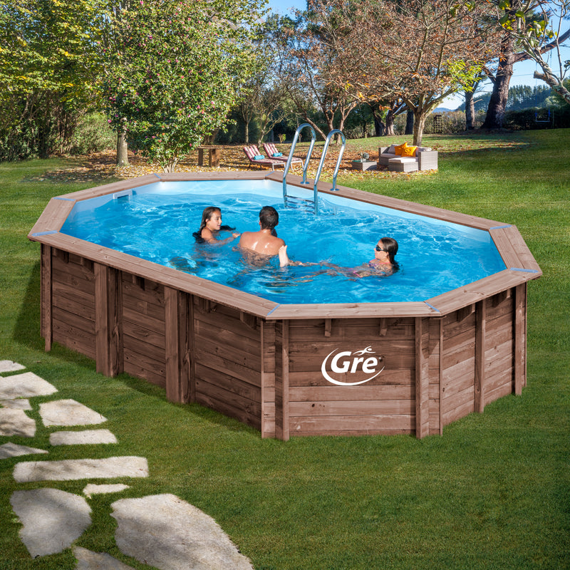 GRE Pool Komplettset aus Echtholz Macadamia Oval 632 x 335 x 130 cm