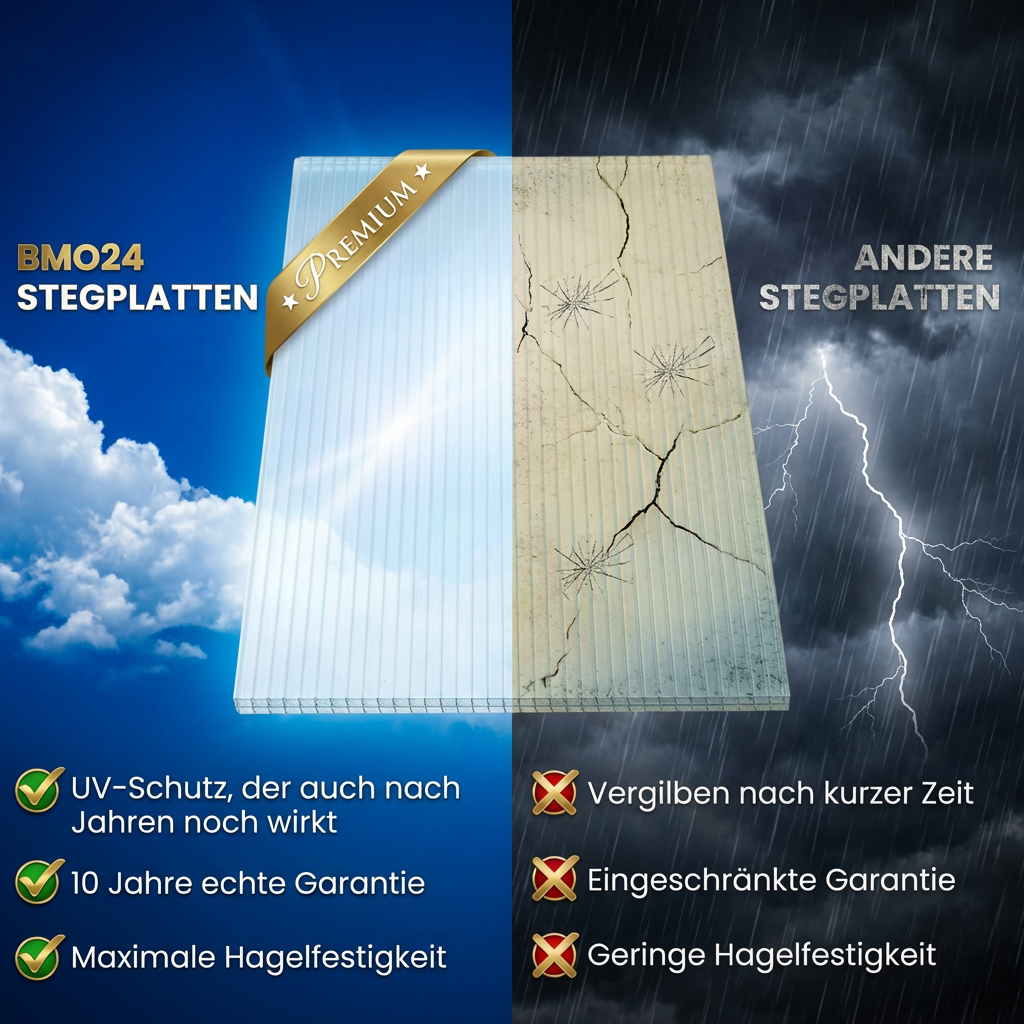 Vergleich: BMO24 Stegplatten vs. andere Stegplatten — UV-Schutz, 10 Jahre Garantie, Hagelfestigkeit